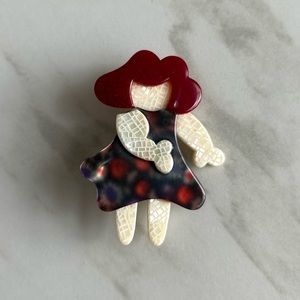 Vintage Lea Stein Brooch Pin - Red Little Girl Doll